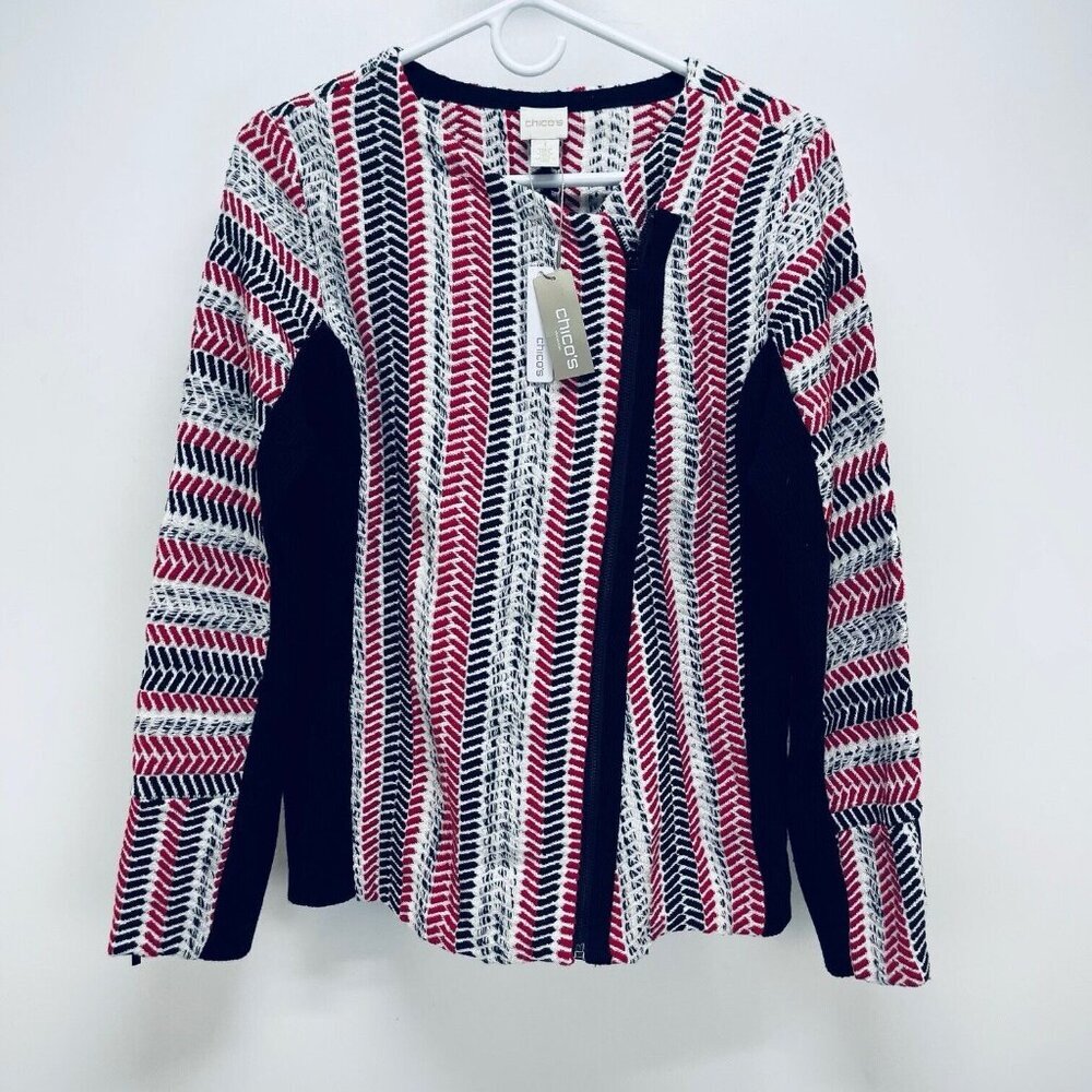Chico’s Sweater Moto Jacket Size 1 Women’s Red White Black Pullover New - Picture 2 of 16